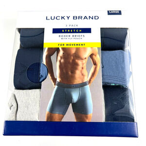 Lucky Brand 3 Pack Men Stretch Cotton Boxer Briefs with Fly Pouch Sz L Blue NEW